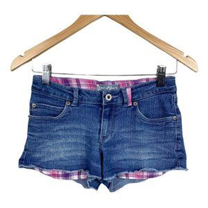 Jean Shorts 14 Girls Cut Off Frayed Plaid Pockets Medium Wash Denim